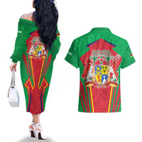 Mauritius Coat of Arms Couples Matching Off The Shoulder Long Sleeve Dress and Hawaiian Shirt National Emblem Blended with Traditional Patterns