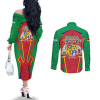Mauritius Coat of Arms Couples Matching Off The Shoulder Long Sleeve Dress and Long Sleeve Button Shirt National Emblem Blended with Traditional Patterns