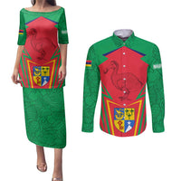 Mauritius Coat of Arms Couples Matching Puletasi and Long Sleeve Button Shirt National Emblem Blended with Traditional Patterns
