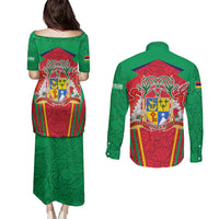 Mauritius Coat of Arms Couples Matching Puletasi and Long Sleeve Button Shirt National Emblem Blended with Traditional Patterns