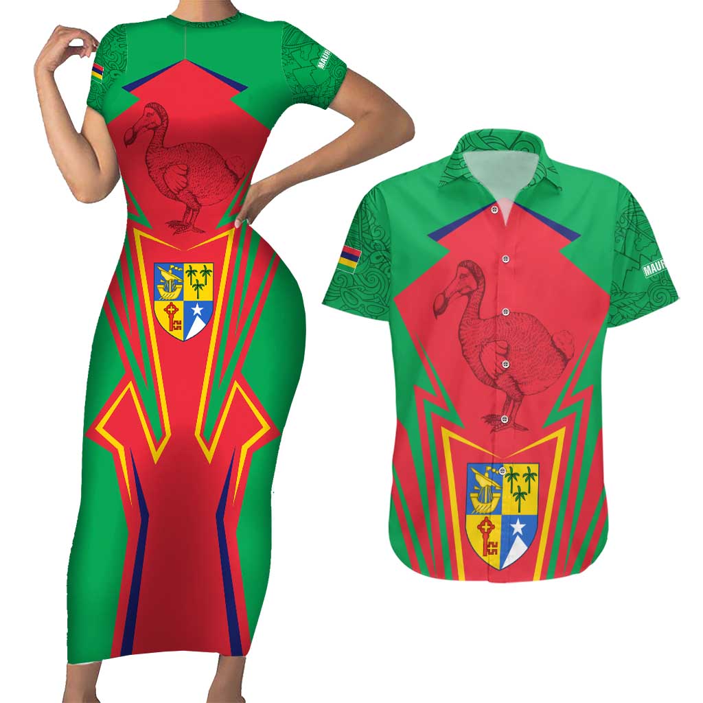 Mauritius Coat of Arms Couples Matching Short Sleeve Bodycon Dress and Hawaiian Shirt National Emblem Blended with Traditional Patterns