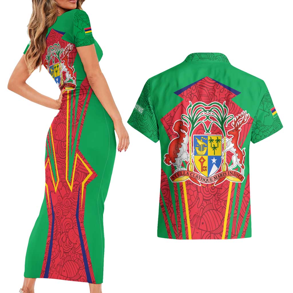 Mauritius Coat of Arms Couples Matching Short Sleeve Bodycon Dress and Hawaiian Shirt National Emblem Blended with Traditional Patterns