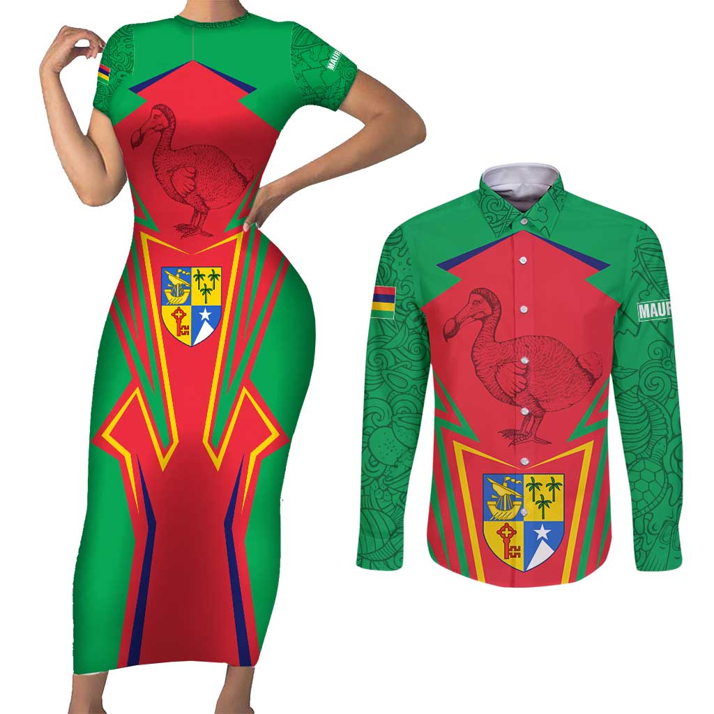 Mauritius Coat of Arms Couples Matching Short Sleeve Bodycon Dress and Long Sleeve Button Shirt National Emblem Blended with Traditional Patterns