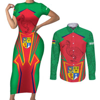 Mauritius Coat of Arms Couples Matching Short Sleeve Bodycon Dress and Long Sleeve Button Shirt National Emblem Blended with Traditional Patterns
