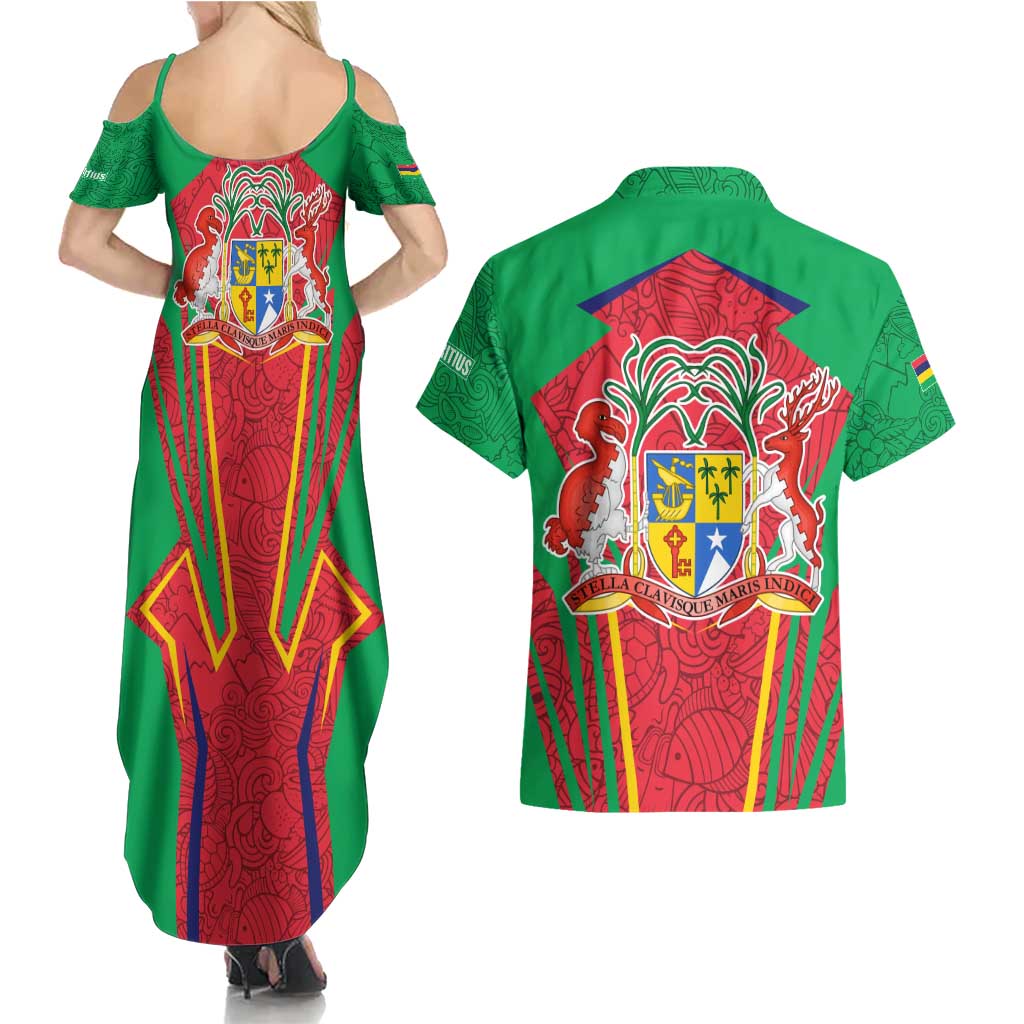Mauritius Coat of Arms Couples Matching Summer Maxi Dress and Hawaiian Shirt National Emblem Blended with Traditional Patterns