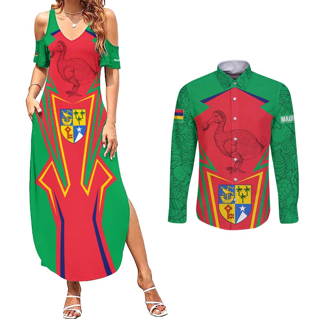 Mauritius Coat of Arms Couples Matching Summer Maxi Dress and Long Sleeve Button Shirt National Emblem Blended with Traditional Patterns