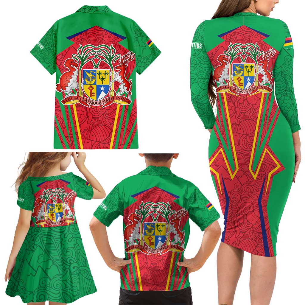Mauritius Coat of Arms Family Matching Long Sleeve Bodycon Dress and Hawaiian Shirt National Emblem Blended with Traditional Patterns
