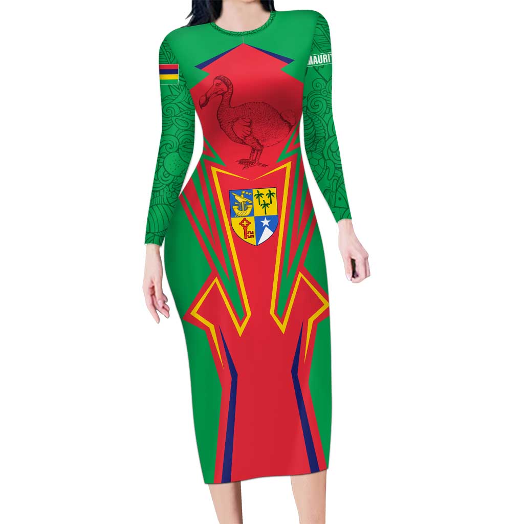 Mauritius Coat of Arms Family Matching Long Sleeve Bodycon Dress and Hawaiian Shirt National Emblem Blended with Traditional Patterns