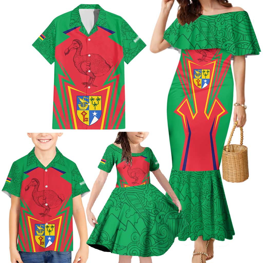 Mauritius Coat of Arms Family Matching Mermaid Dress and Hawaiian Shirt National Emblem Blended with Traditional Patterns