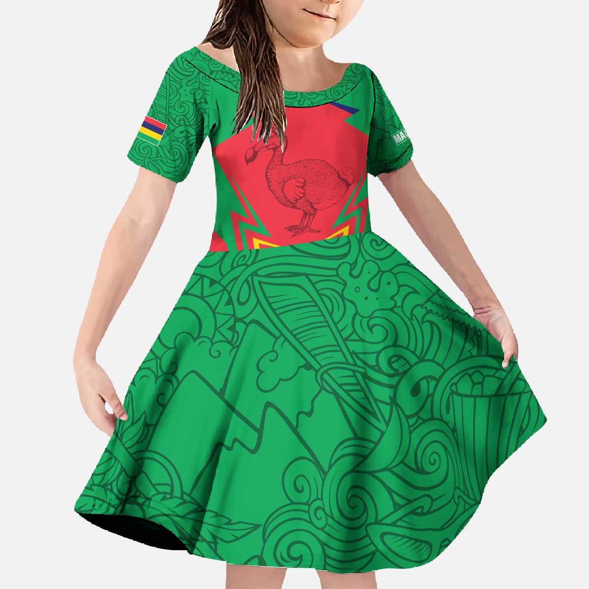 Mauritius Coat of Arms Family Matching Off The Shoulder Long Sleeve Dress and Hawaiian Shirt National Emblem Blended with Traditional Patterns