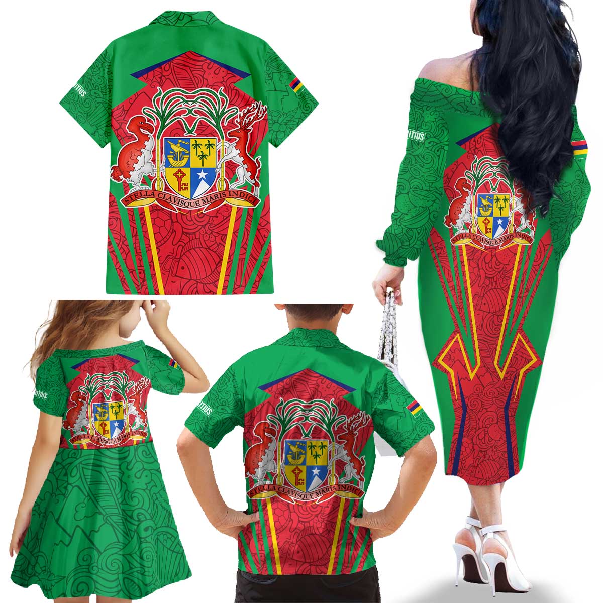 Mauritius Coat of Arms Family Matching Off The Shoulder Long Sleeve Dress and Hawaiian Shirt National Emblem Blended with Traditional Patterns