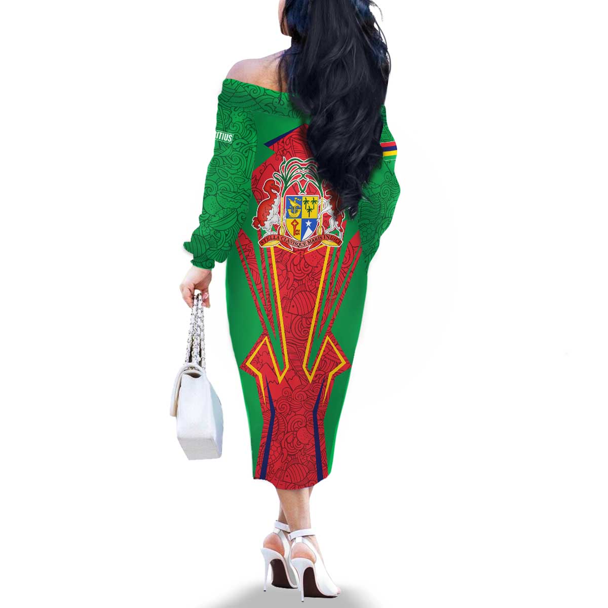 Mauritius Coat of Arms Family Matching Off The Shoulder Long Sleeve Dress and Hawaiian Shirt National Emblem Blended with Traditional Patterns