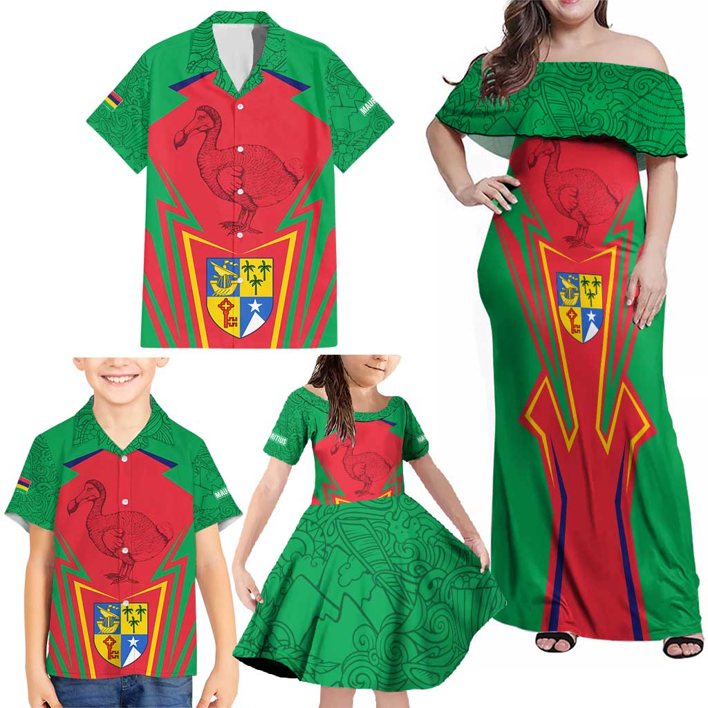 Mauritius Coat of Arms Family Matching Off Shoulder Maxi Dress and Hawaiian Shirt National Emblem Blended with Traditional Patterns