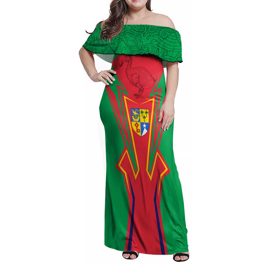 Mauritius Coat of Arms Family Matching Off Shoulder Maxi Dress and Hawaiian Shirt National Emblem Blended with Traditional Patterns