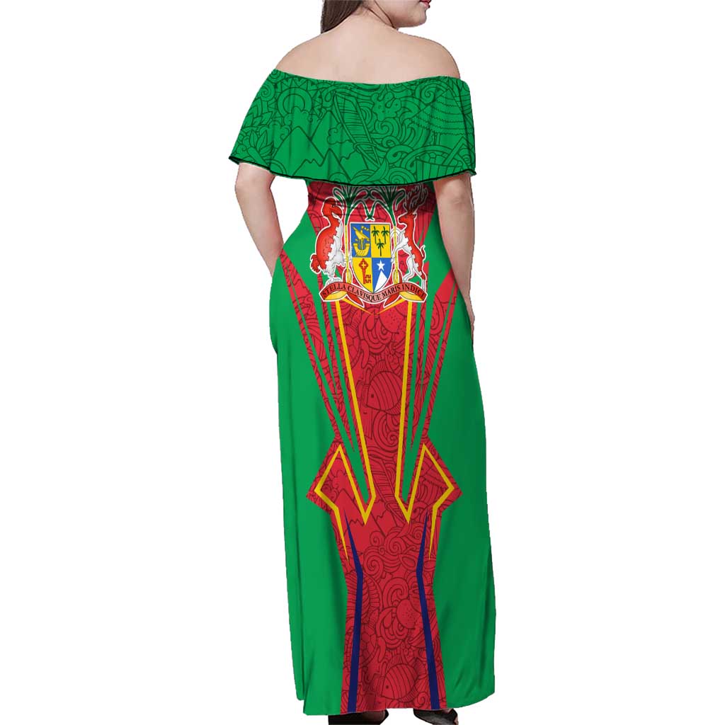 Mauritius Coat of Arms Family Matching Off Shoulder Maxi Dress and Hawaiian Shirt National Emblem Blended with Traditional Patterns