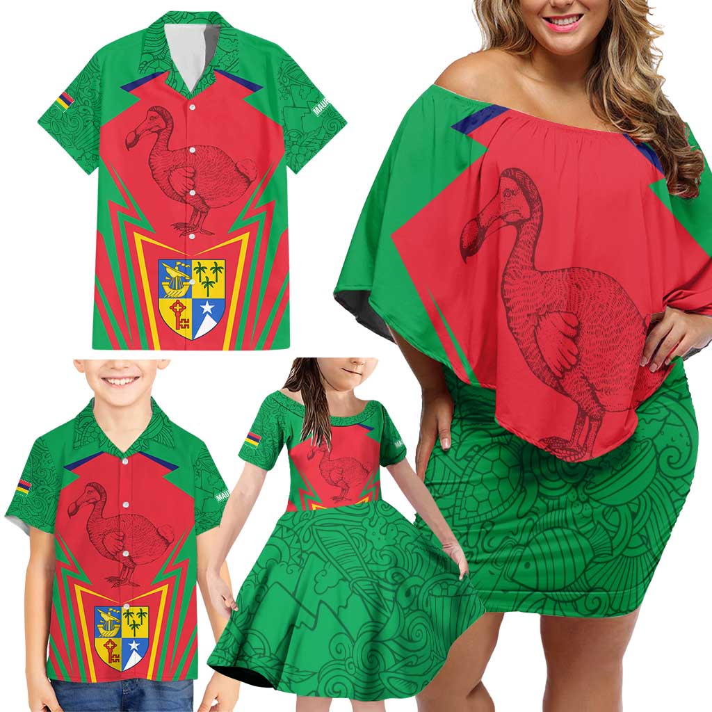 Mauritius Coat of Arms Family Matching Off Shoulder Short Dress and Hawaiian Shirt National Emblem Blended with Traditional Patterns