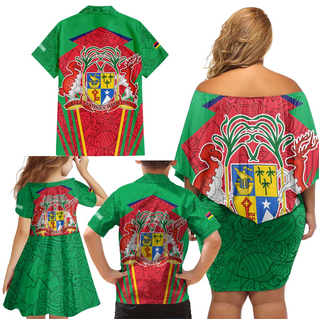 Mauritius Coat of Arms Family Matching Off Shoulder Short Dress and Hawaiian Shirt National Emblem Blended with Traditional Patterns