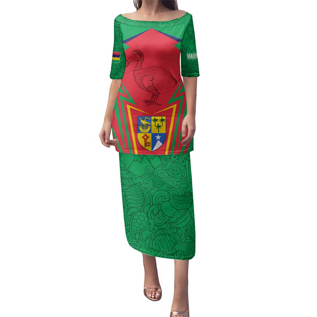 Mauritius Coat of Arms Family Matching Puletasi and Hawaiian Shirt National Emblem Blended with Traditional Patterns