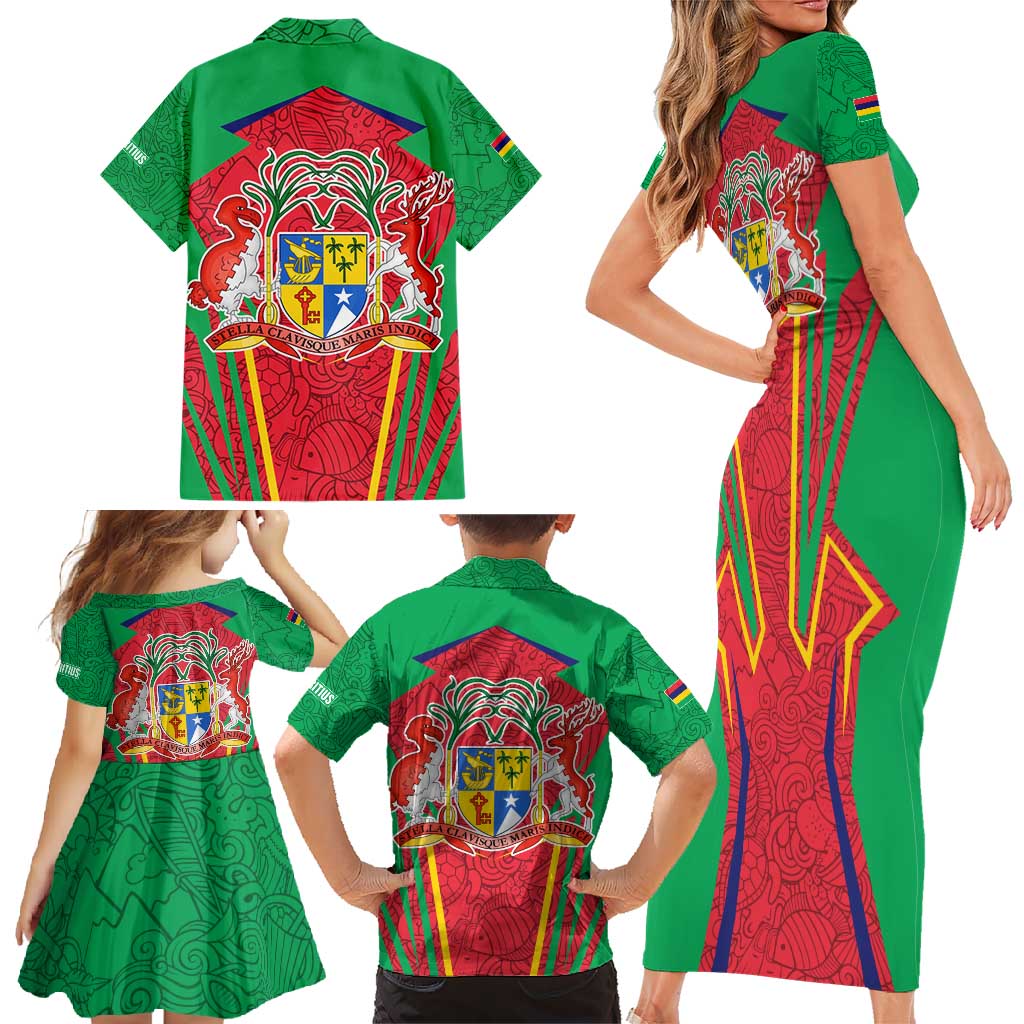 Mauritius Coat of Arms Family Matching Short Sleeve Bodycon Dress and Hawaiian Shirt National Emblem Blended with Traditional Patterns