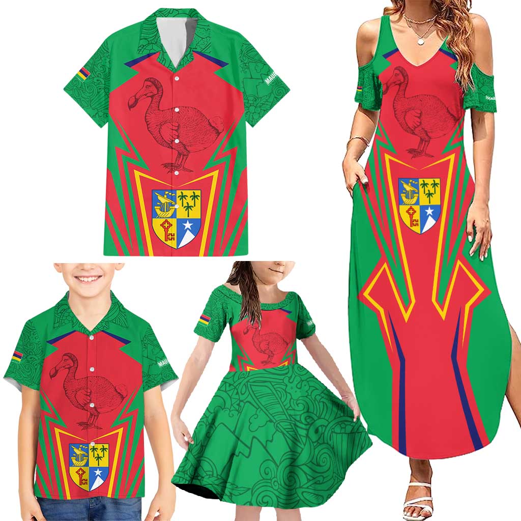 Mauritius Coat of Arms Family Matching Summer Maxi Dress and Hawaiian Shirt National Emblem Blended with Traditional Patterns