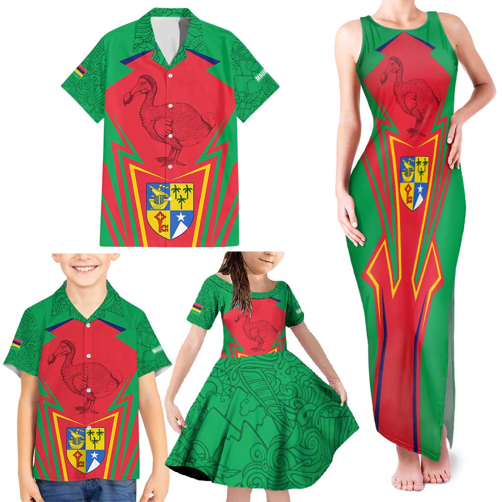 Mauritius Coat of Arms Family Matching Tank Maxi Dress and Hawaiian Shirt National Emblem Blended with Traditional Patterns