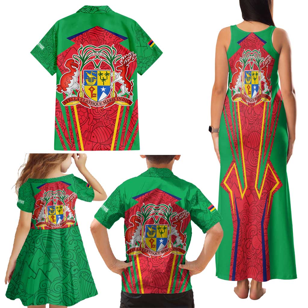 Mauritius Coat of Arms Family Matching Tank Maxi Dress and Hawaiian Shirt National Emblem Blended with Traditional Patterns