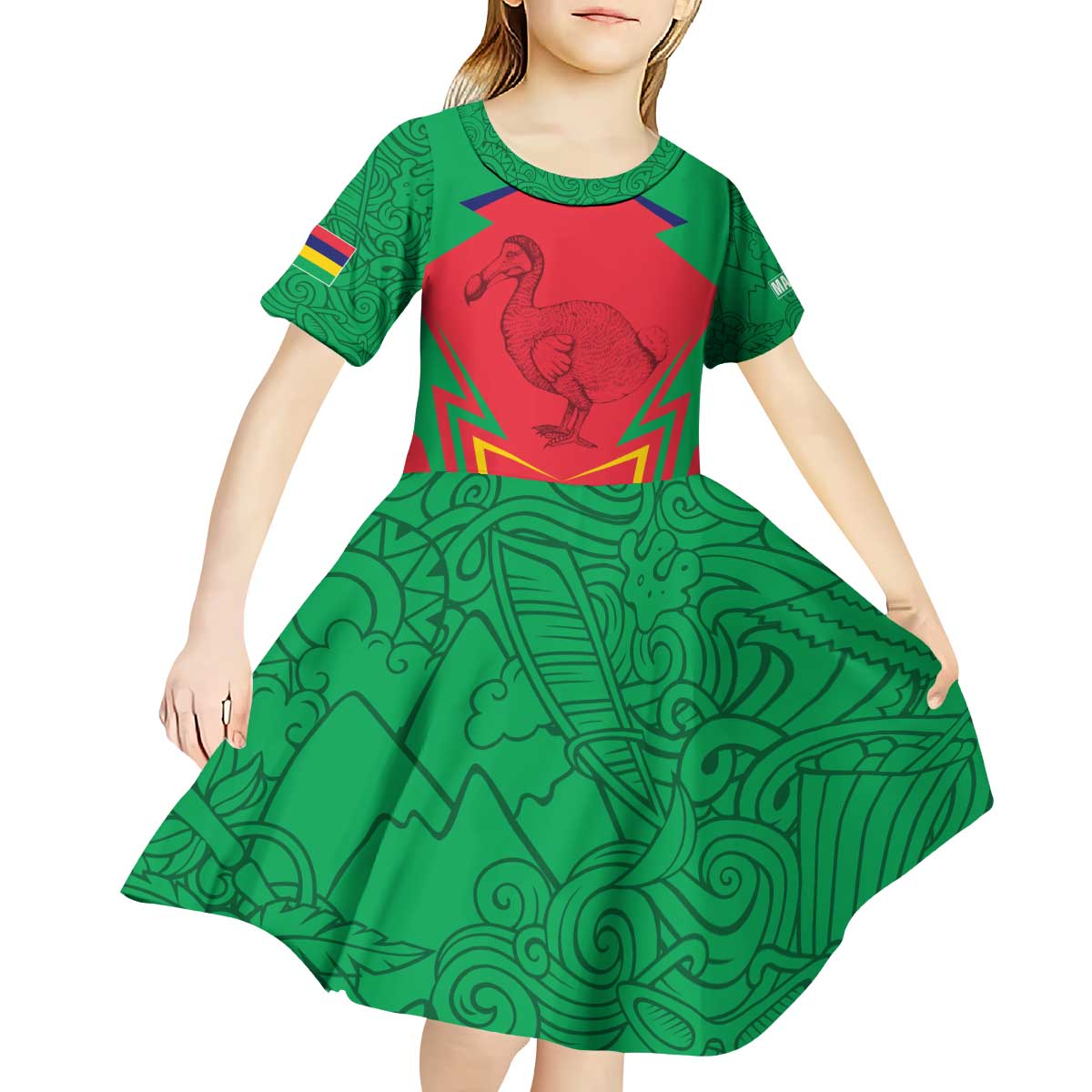Mauritius Coat of Arms Kid Short Sleeve Dress National Emblem Blended with Traditional Patterns