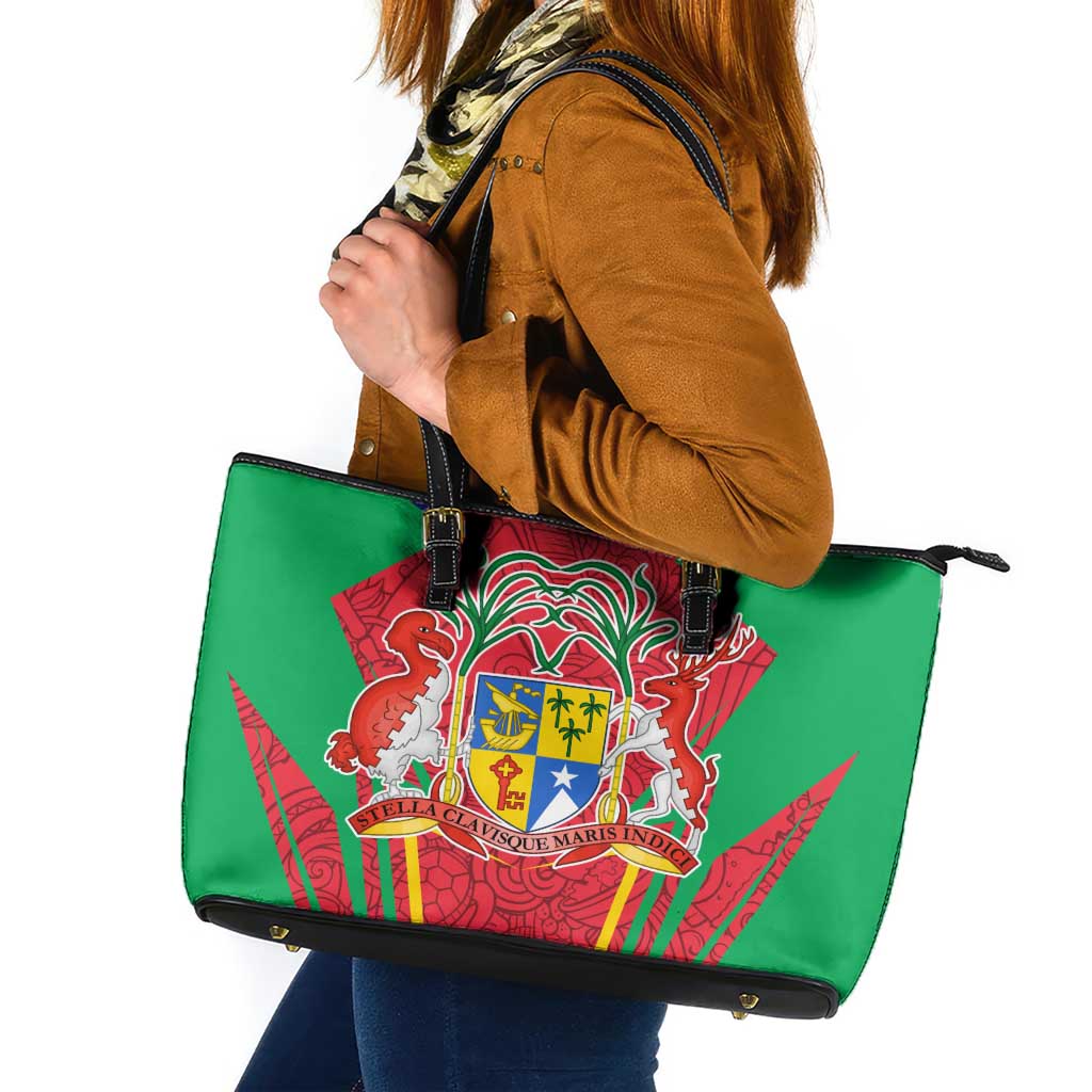 Mauritius Coat of Arms Leather Tote Bag National Emblem Blended with Traditional Patterns