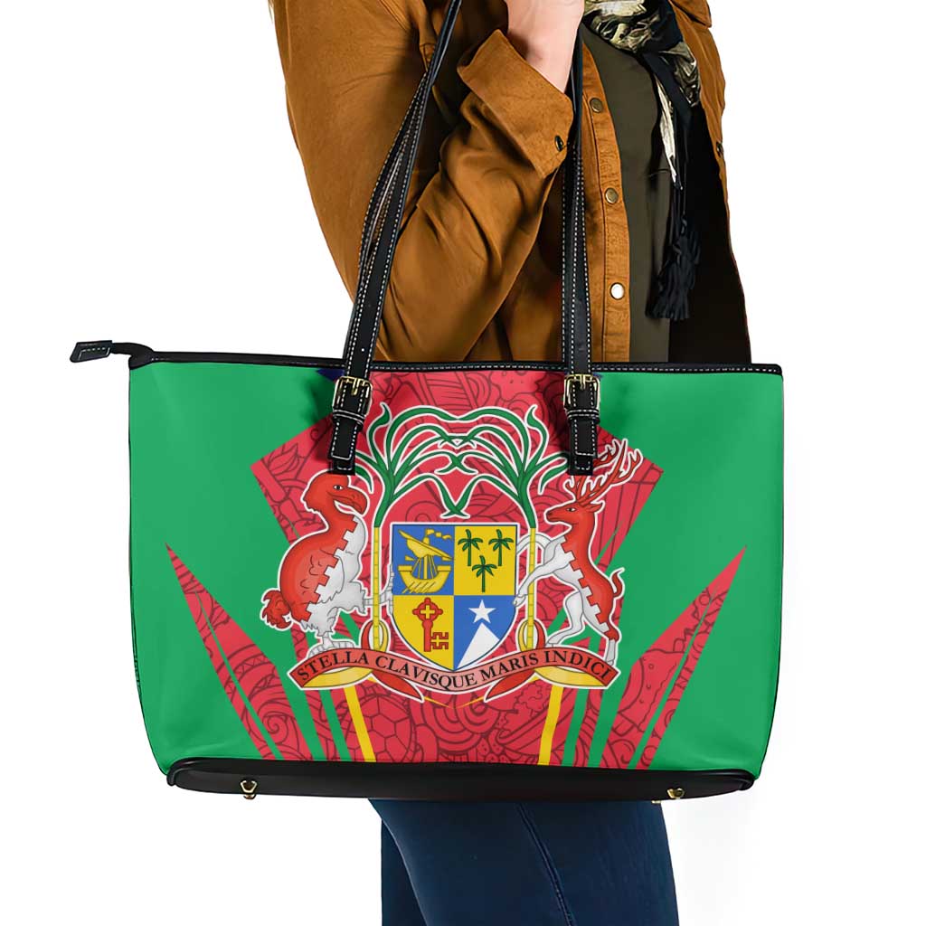 Mauritius Coat of Arms Leather Tote Bag National Emblem Blended with Traditional Patterns
