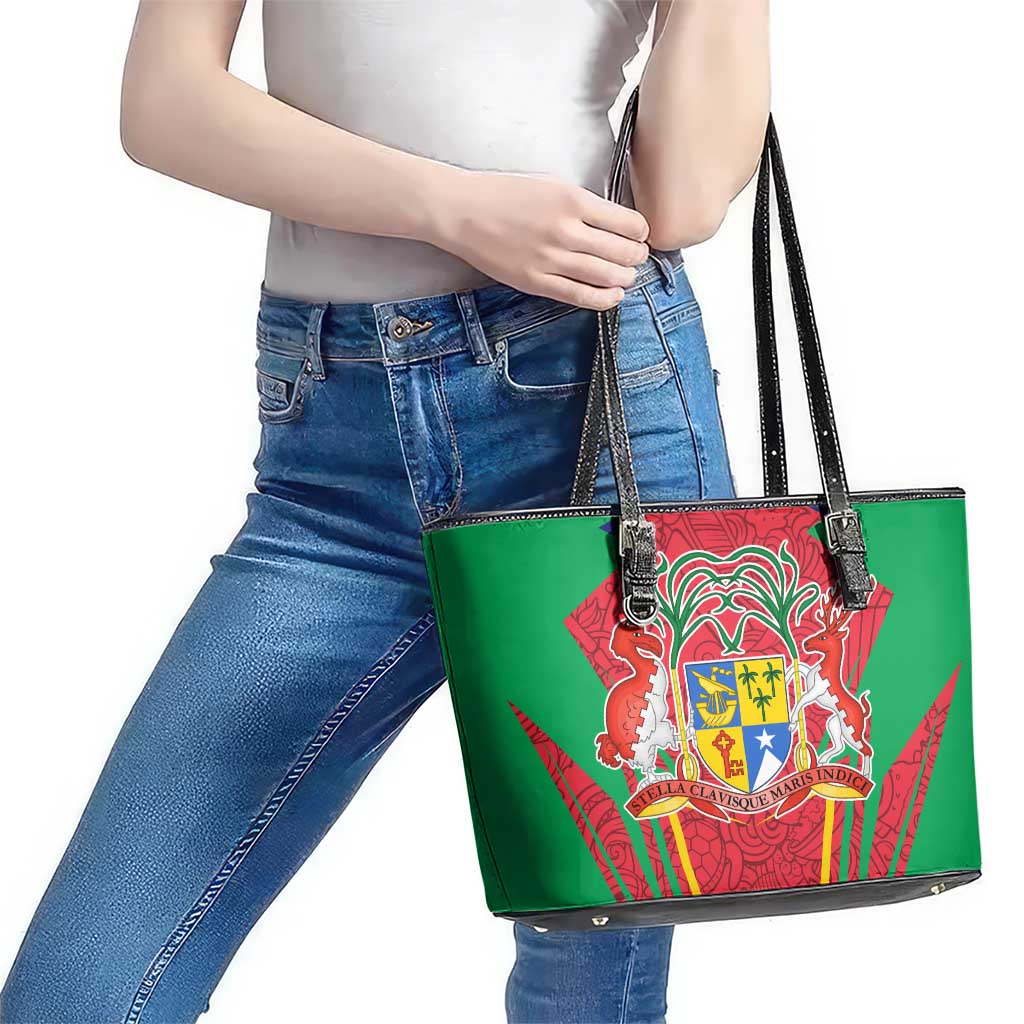 Mauritius Coat of Arms Leather Tote Bag National Emblem Blended with Traditional Patterns
