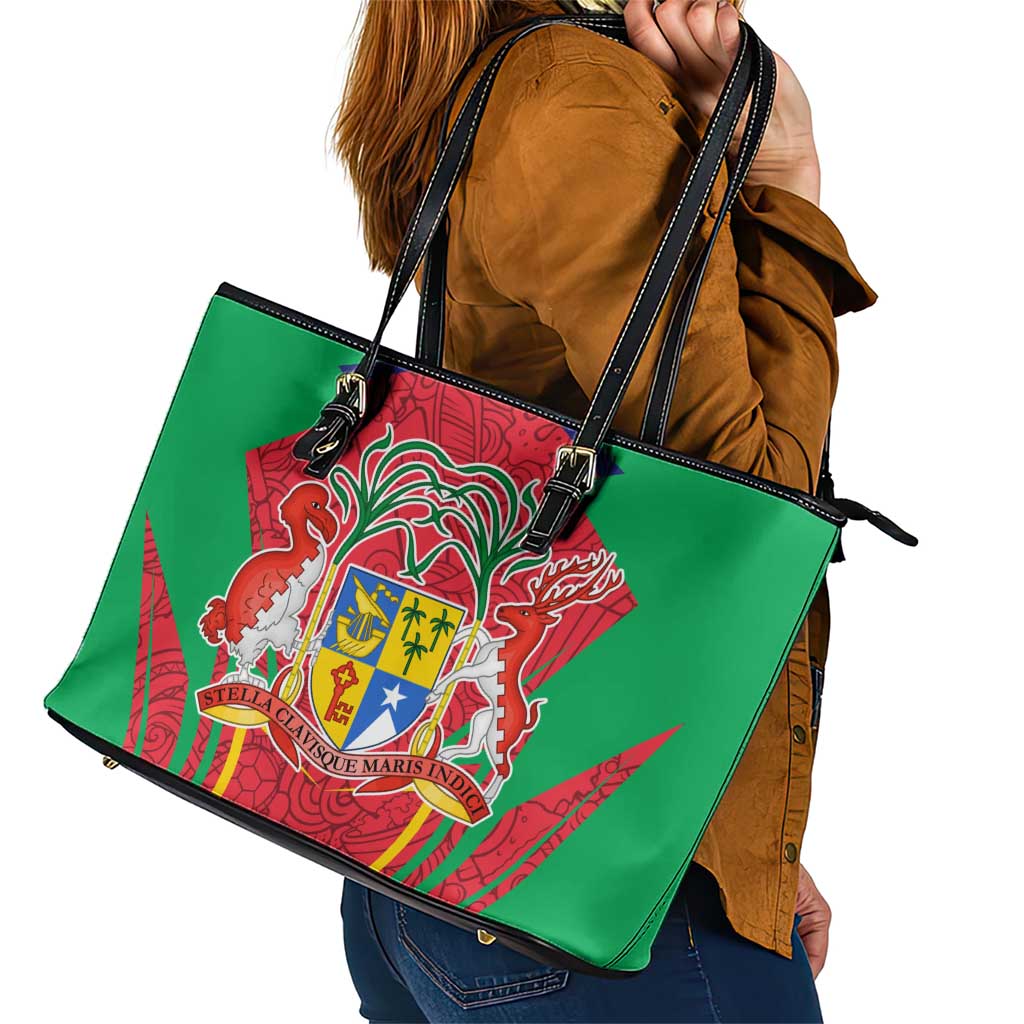 Mauritius Coat of Arms Leather Tote Bag National Emblem Blended with Traditional Patterns