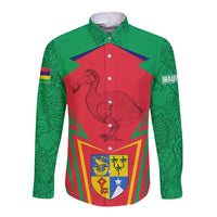 Mauritius Coat of Arms Long Sleeve Button Shirt National Emblem Blended with Traditional Patterns