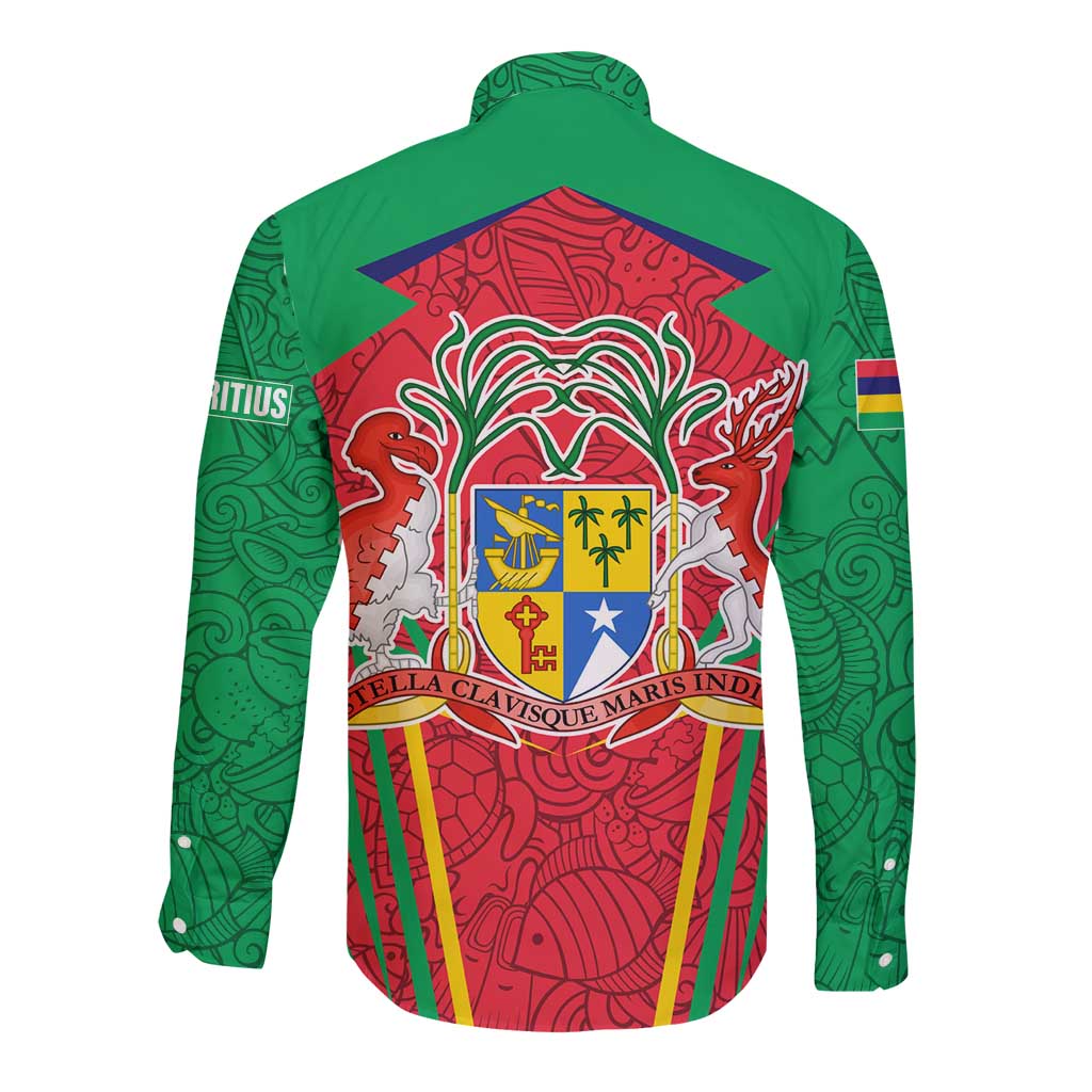 Mauritius Coat of Arms Long Sleeve Button Shirt National Emblem Blended with Traditional Patterns