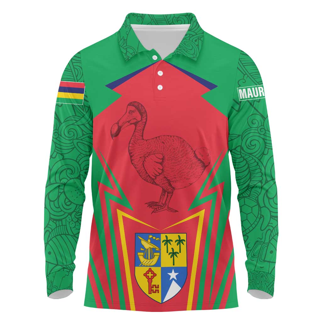 Mauritius Coat of Arms Long Sleeve Polo Shirt National Emblem Blended with Traditional Patterns