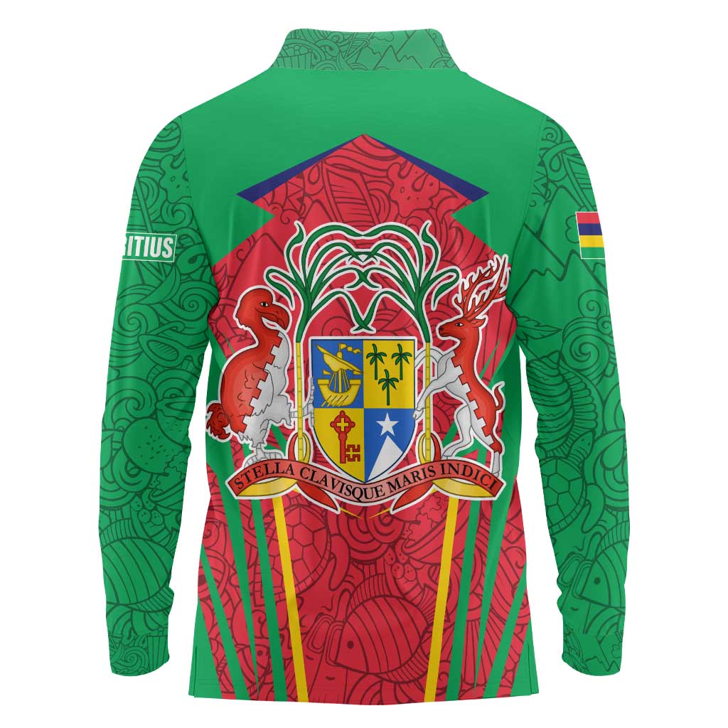 Mauritius Coat of Arms Long Sleeve Polo Shirt National Emblem Blended with Traditional Patterns