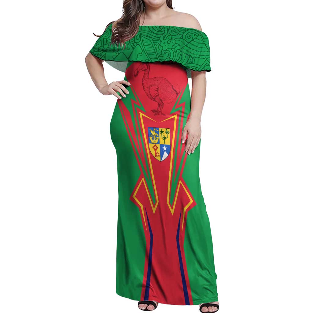 Mauritius Coat of Arms Off Shoulder Maxi Dress National Emblem Blended with Traditional Patterns