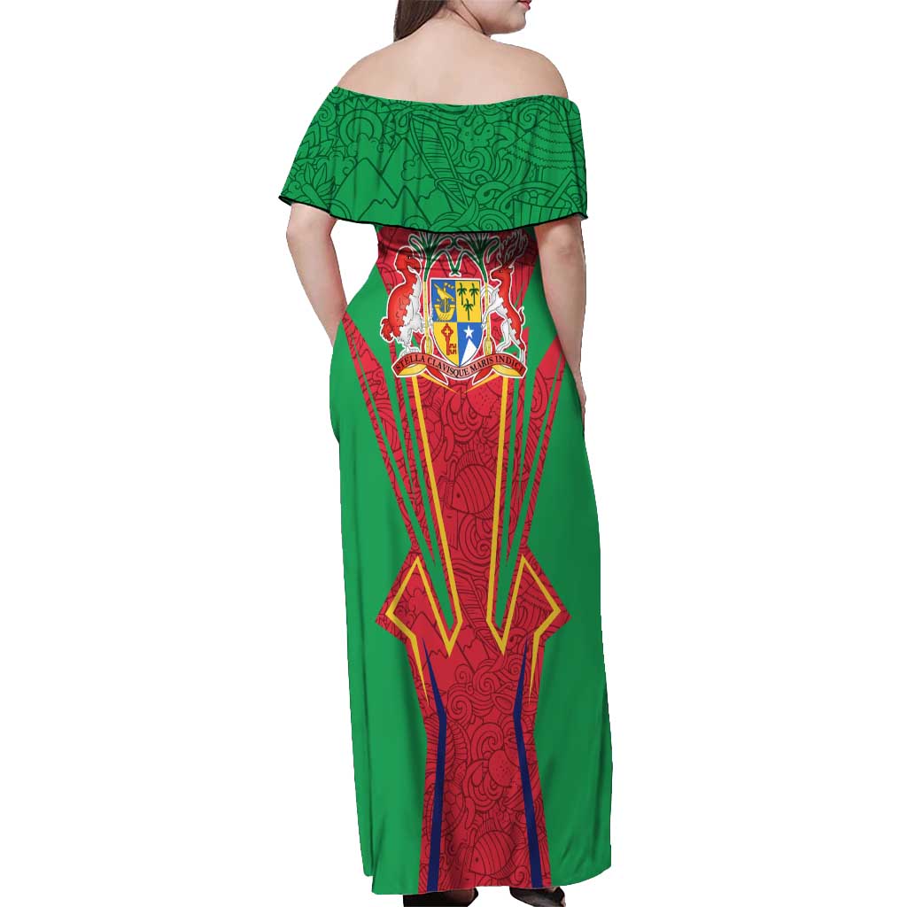 Mauritius Coat of Arms Off Shoulder Maxi Dress National Emblem Blended with Traditional Patterns