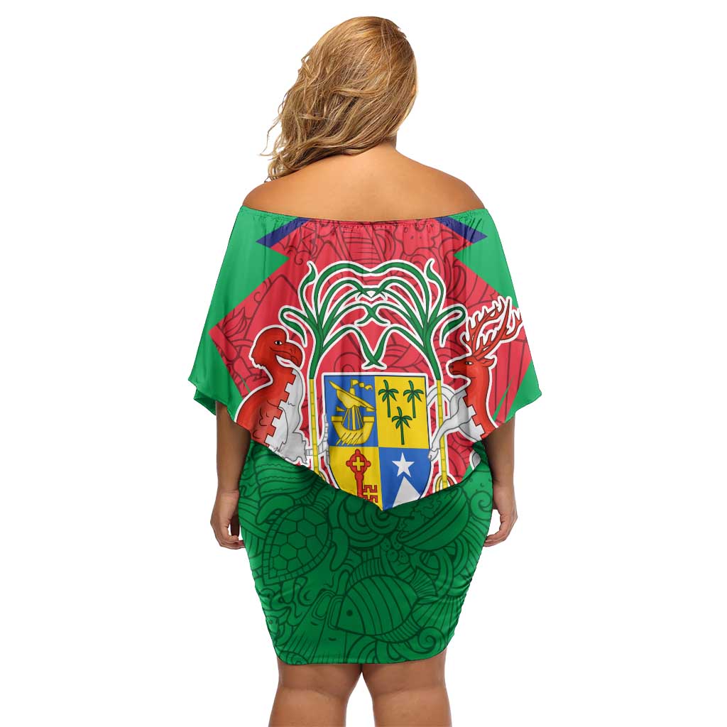 Mauritius Coat of Arms Off Shoulder Short Dress National Emblem Blended with Traditional Patterns
