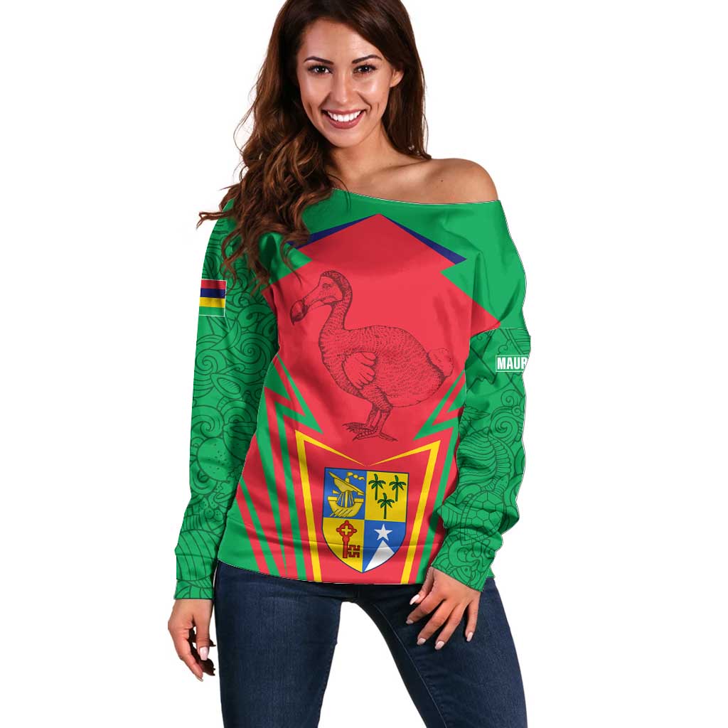Mauritius Coat of Arms Off Shoulder Sweater National Emblem Blended with Traditional Patterns
