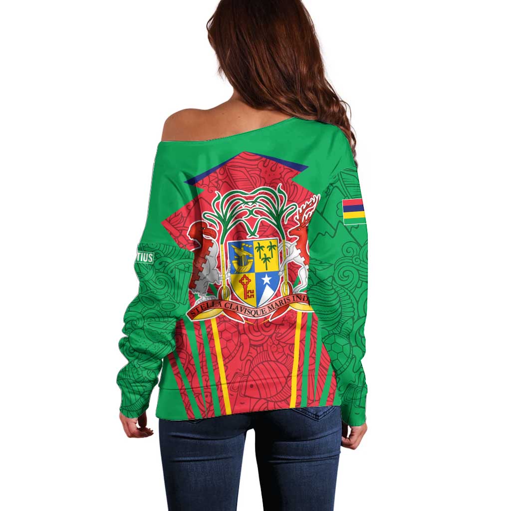 Mauritius Coat of Arms Off Shoulder Sweater National Emblem Blended with Traditional Patterns