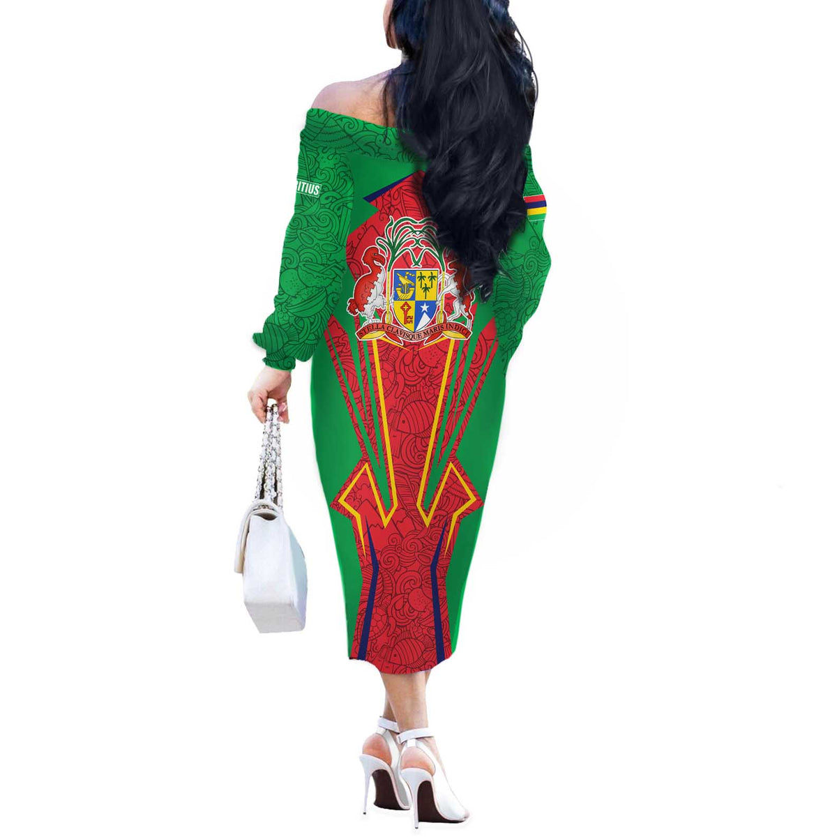 Mauritius Coat of Arms Off The Shoulder Long Sleeve Dress National Emblem Blended with Traditional Patterns