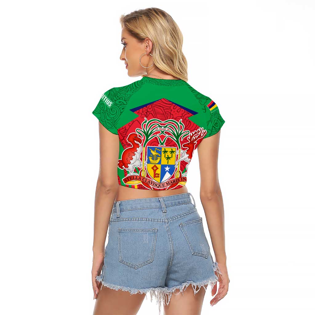 Mauritius Coat of Arms Raglan Cropped T Shirt National Emblem Blended with Traditional Patterns