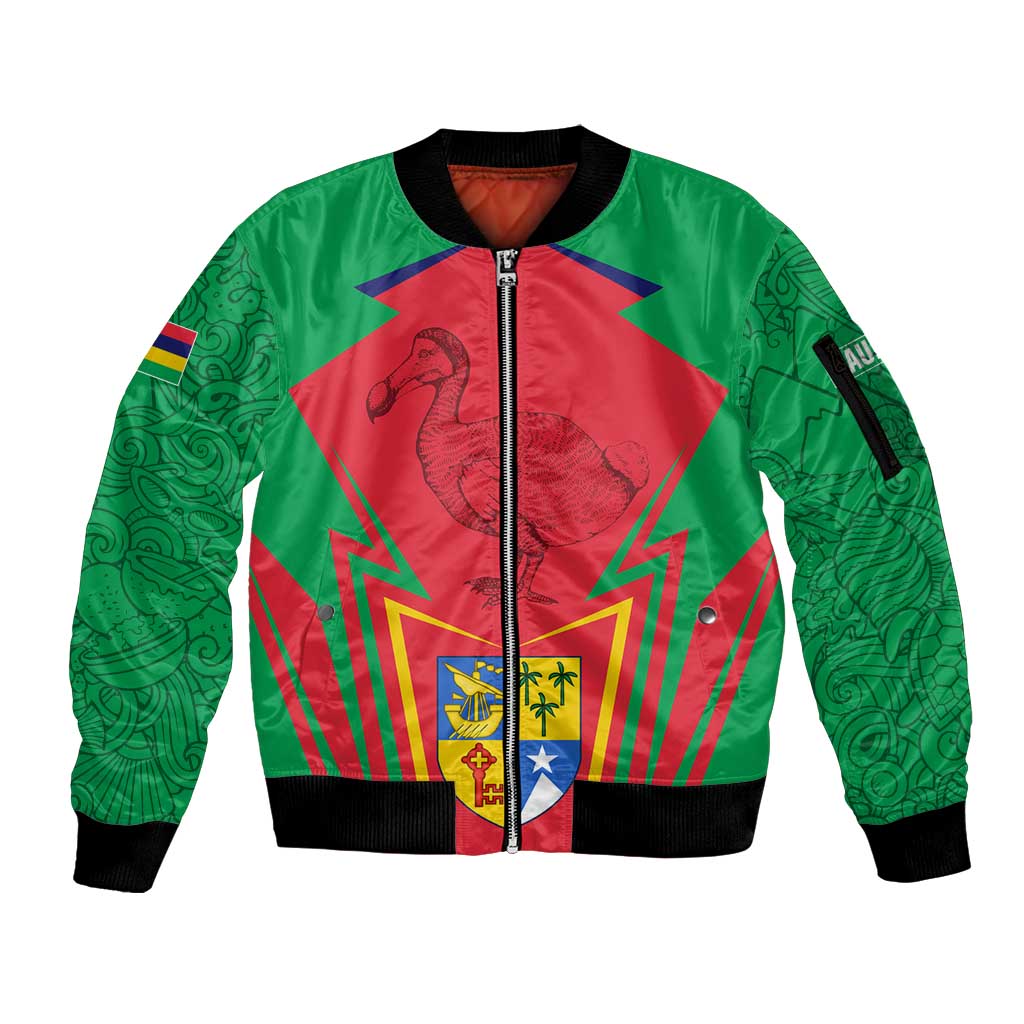 Mauritius Coat of Arms Sleeve Zip Bomber Jacket National Emblem Blended with Traditional Patterns