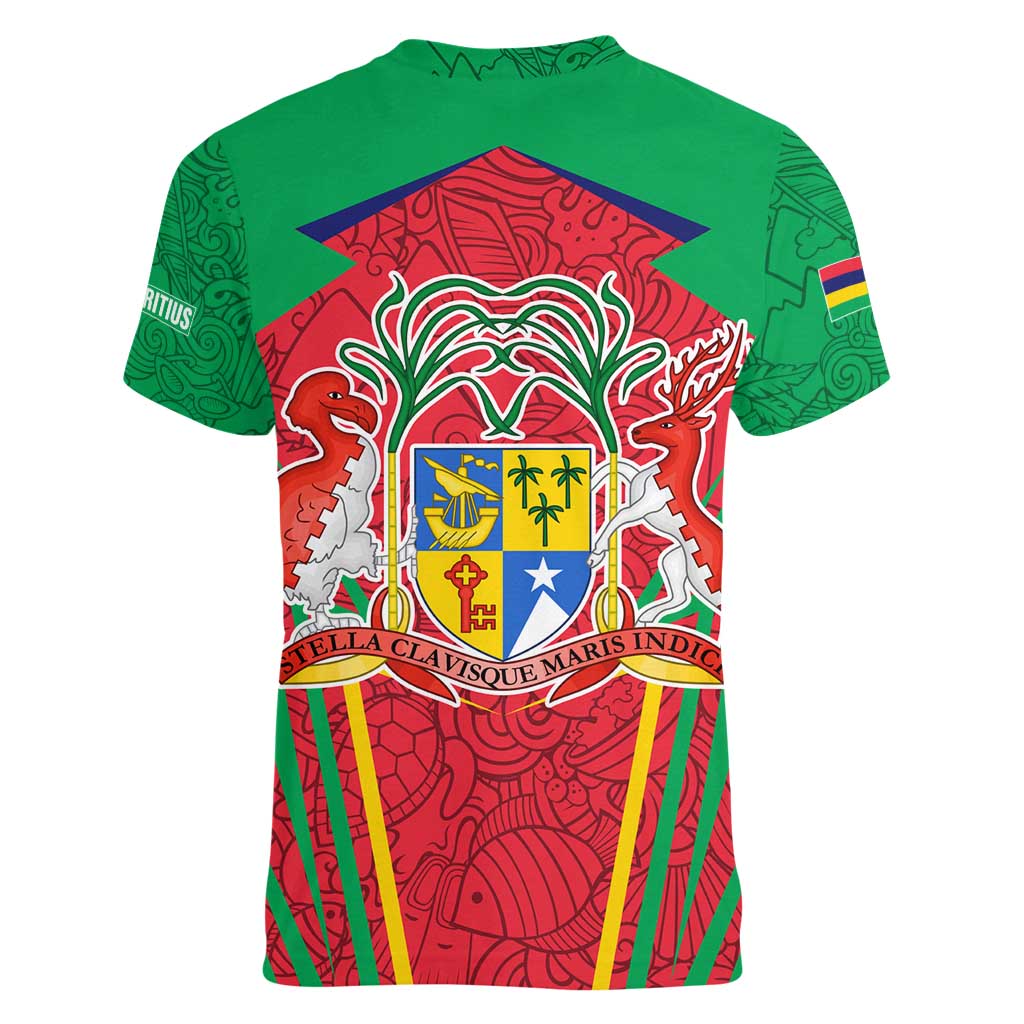 Mauritius Coat of Arms Women V-Neck T-Shirt National Emblem Blended with Traditional Patterns