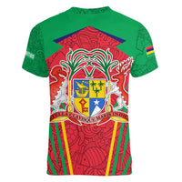 Mauritius Coat of Arms Women V-Neck T-Shirt National Emblem Blended with Traditional Patterns