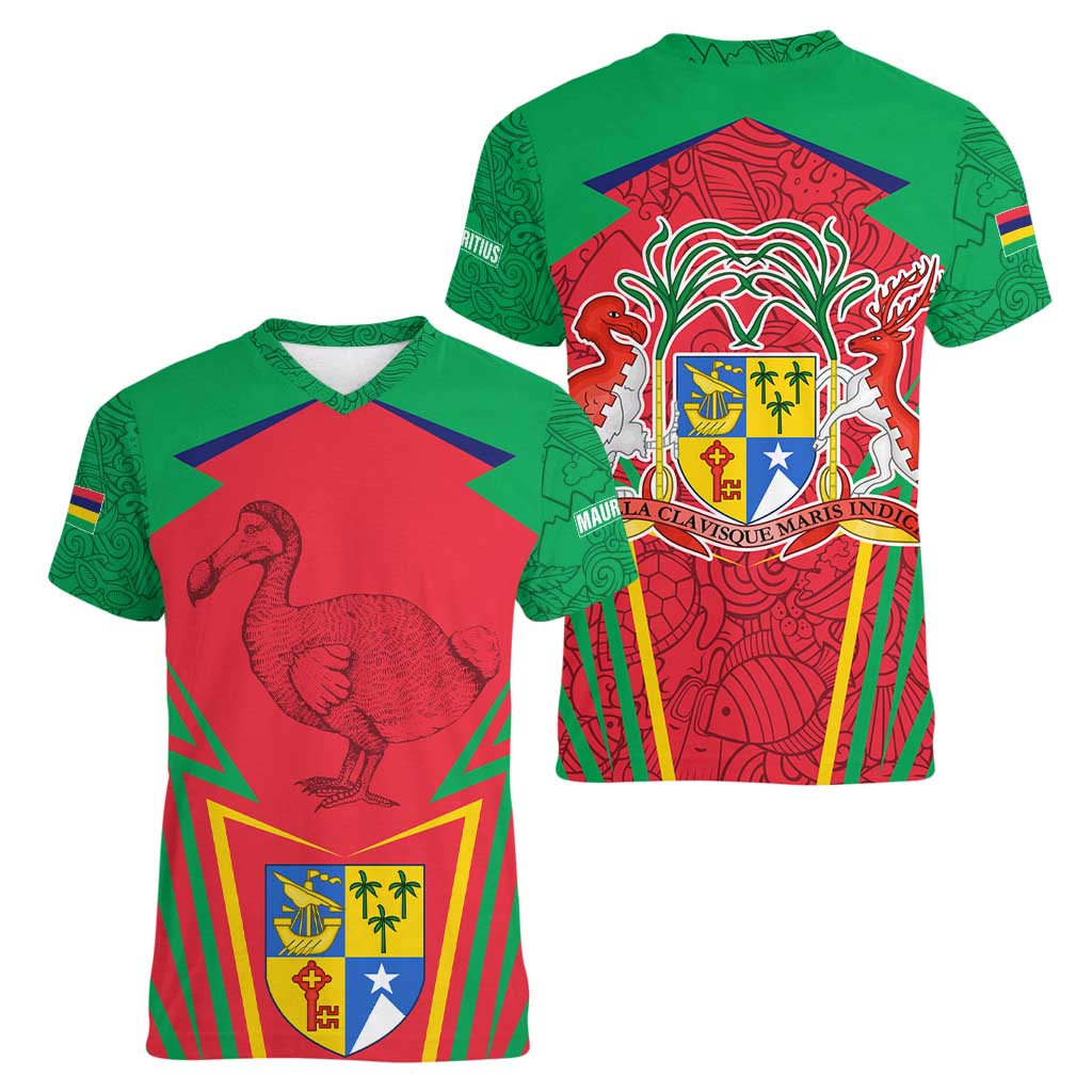 Mauritius Coat of Arms Women V-Neck T-Shirt National Emblem Blended with Traditional Patterns