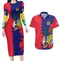 Mauritius Couples Matching Long Sleeve Bodycon Dress and Hawaiian Shirt National Emblem Integrated with Country's Shape – Symbolic Design
