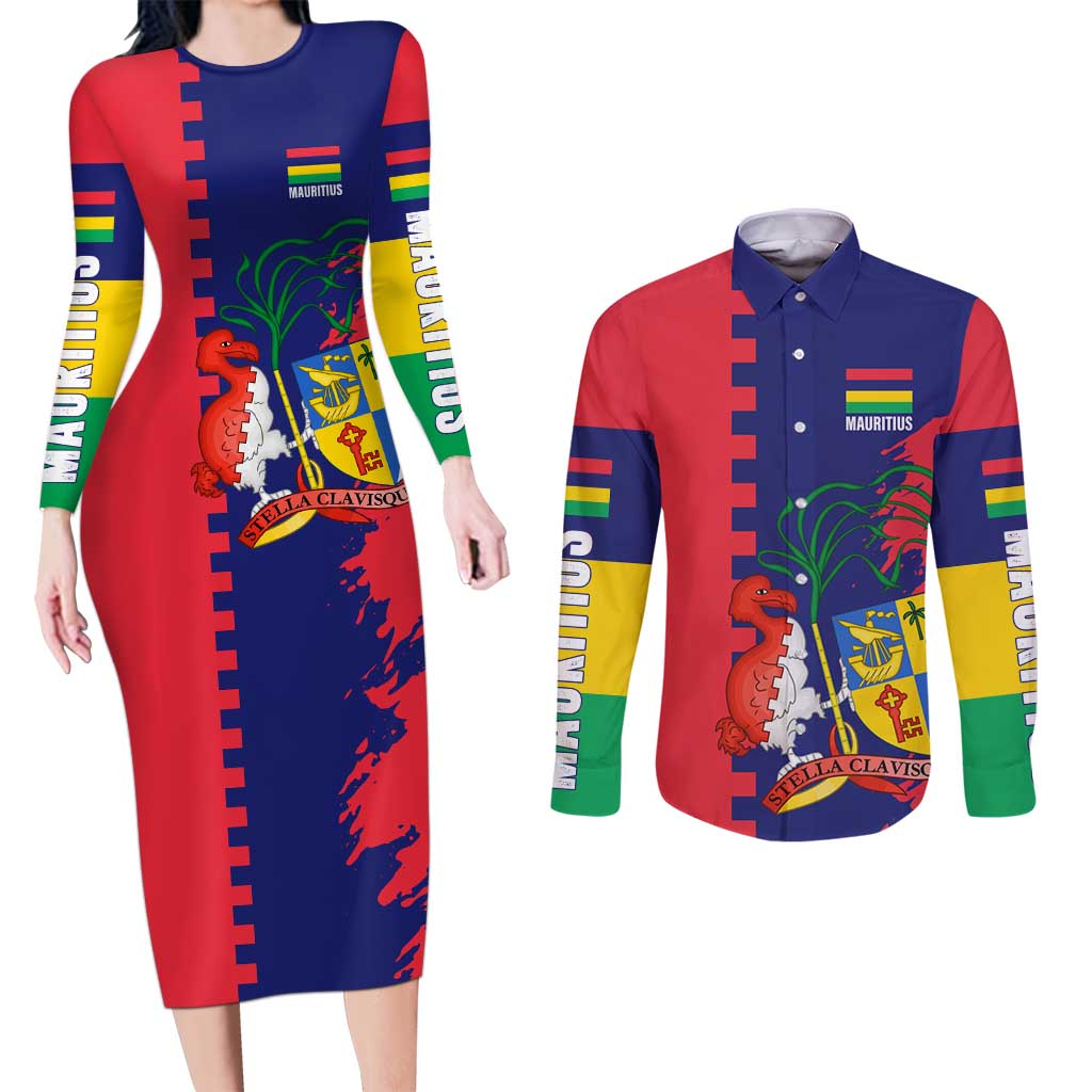 Mauritius Couples Matching Long Sleeve Bodycon Dress and Long Sleeve Button Shirt National Emblem Integrated with Country's Shape – Symbolic Design