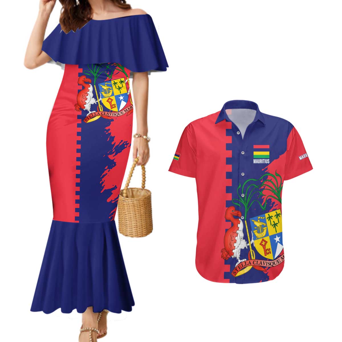 Mauritius Couples Matching Mermaid Dress and Hawaiian Shirt National Emblem Integrated with Country's Shape – Symbolic Design