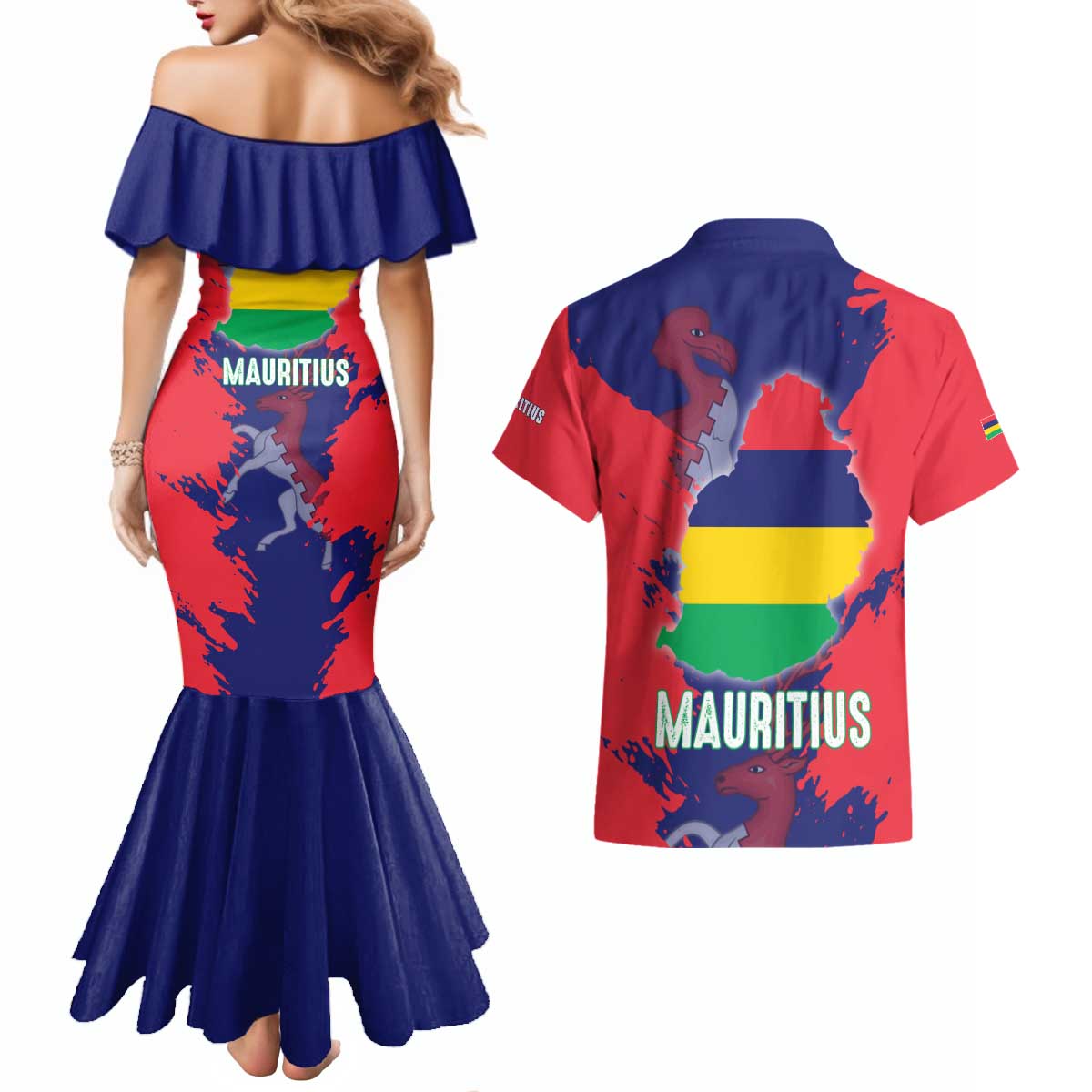 Mauritius Couples Matching Mermaid Dress and Hawaiian Shirt National Emblem Integrated with Country's Shape – Symbolic Design